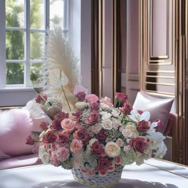 Large pink and white rose arrangement in a woven basket with pampas grass