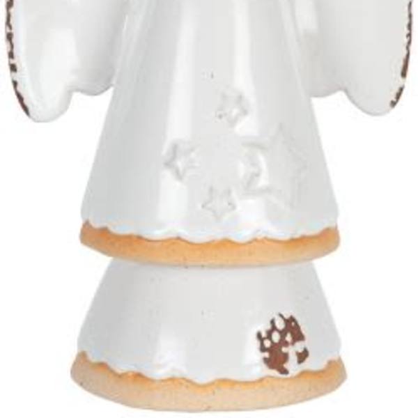 White angel ornament with a rope hanger and brown trim