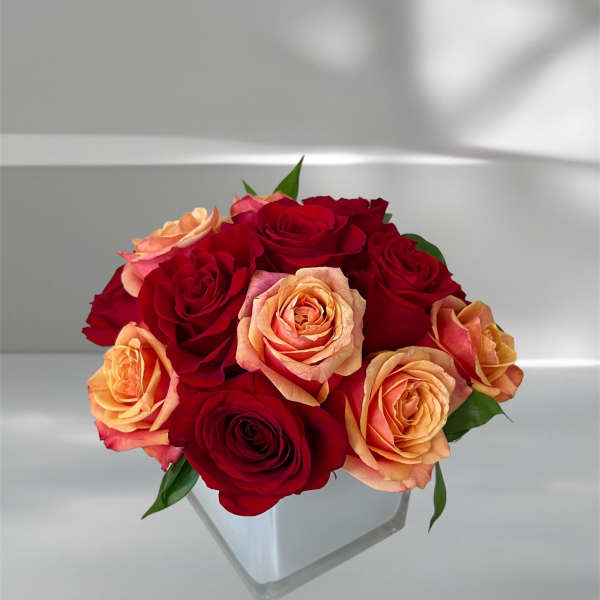 Red and peach roses arranged in a clear square vase