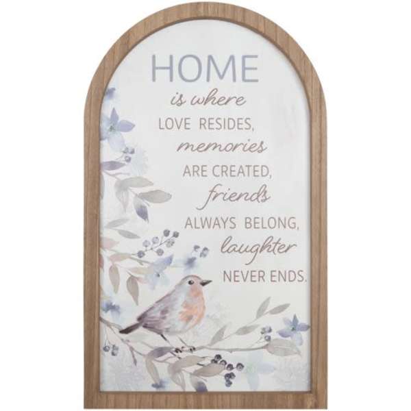 Framed wall sign with a bird and floral illustration and a home quote