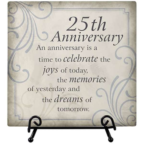 Decorative plaque reading "25th Anniversary" on a display stand