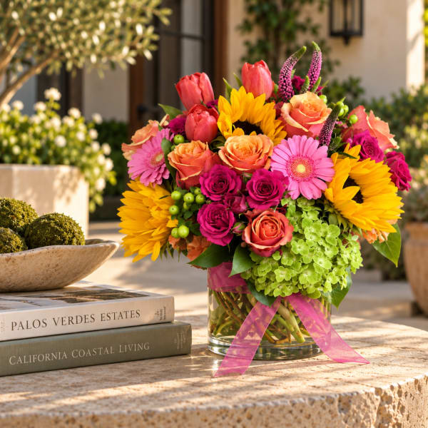 Bright mixed bouquet in a glass vase with sunflowers, roses, and pink blooms
