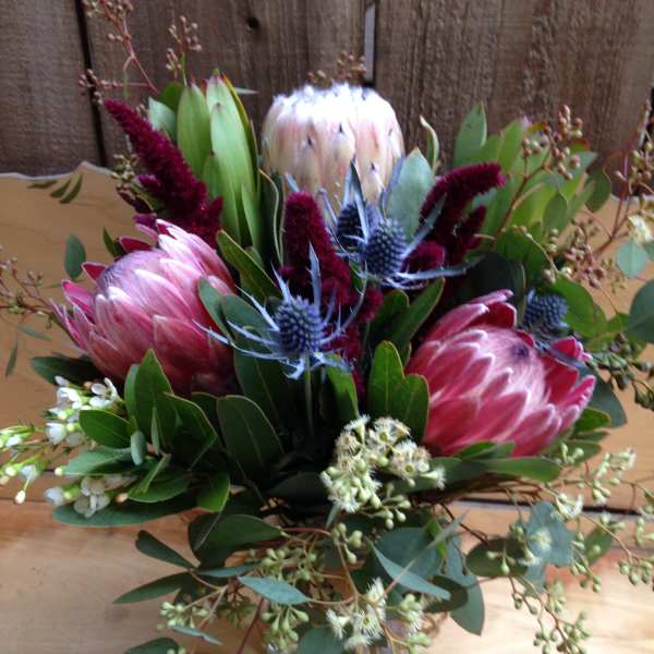 Bouquet of pink protea and burgundy filler flowers in a glass vase