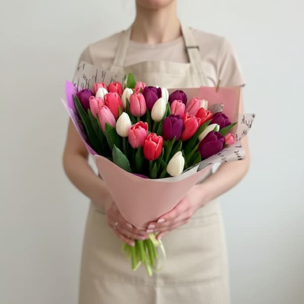 Bouquet of pink, purple, and white tulips wrapped in pale pink paper