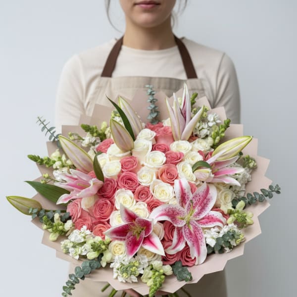 Large bouquet of pink and white roses with pink lilies