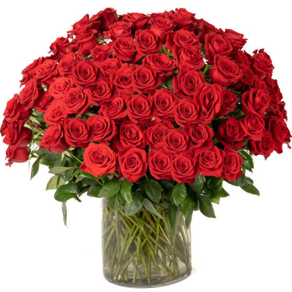 Large bouquet of red roses arranged in a clear glass cylinder vase