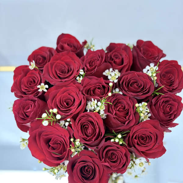 Bouquet of deep red roses with small white filler flowers