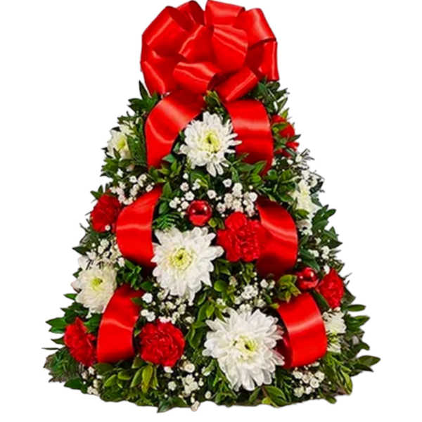 Cone-shaped floral arrangement with red ribbons and white flowers