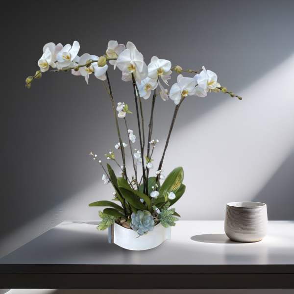 White orchid arrangement in a white container beside a small ribbed cup