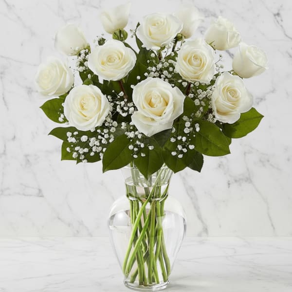 Dozen White Roses With Baby Breath