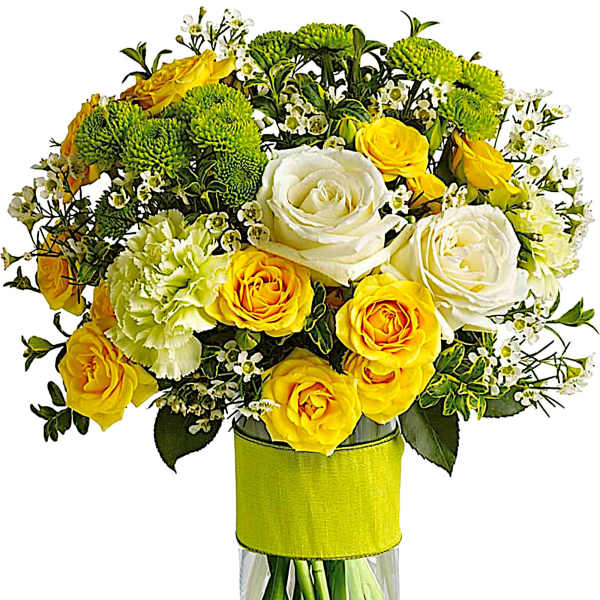 Yellow and white rose bouquet in a clear glass vase