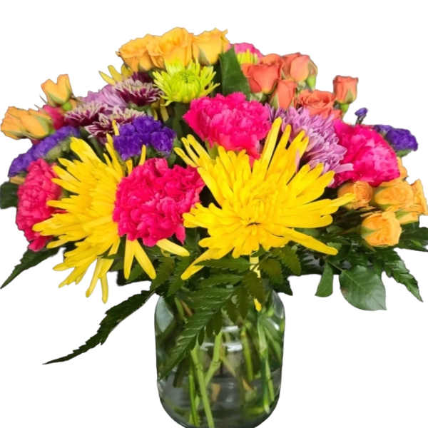 Colorful mixed bouquet of roses, chrysanthemums, and carnations in a glass vase