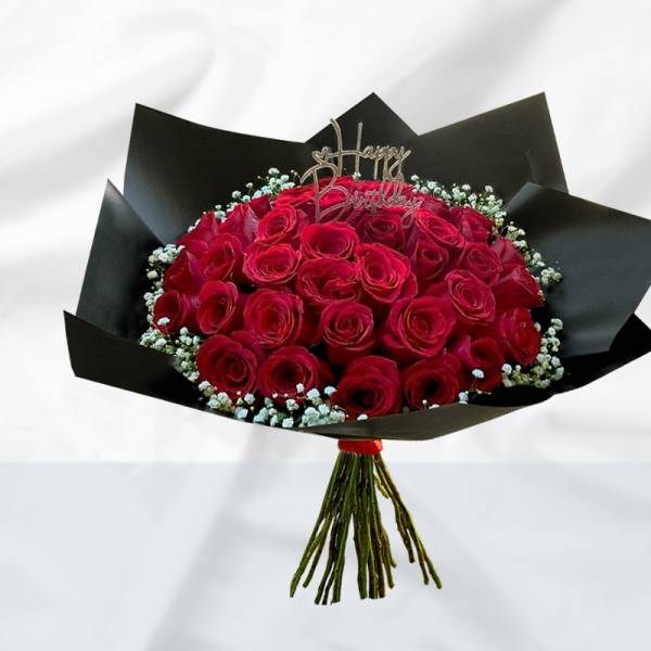 Bouquet Red Roses & Fillers with Topper Happy Birthday