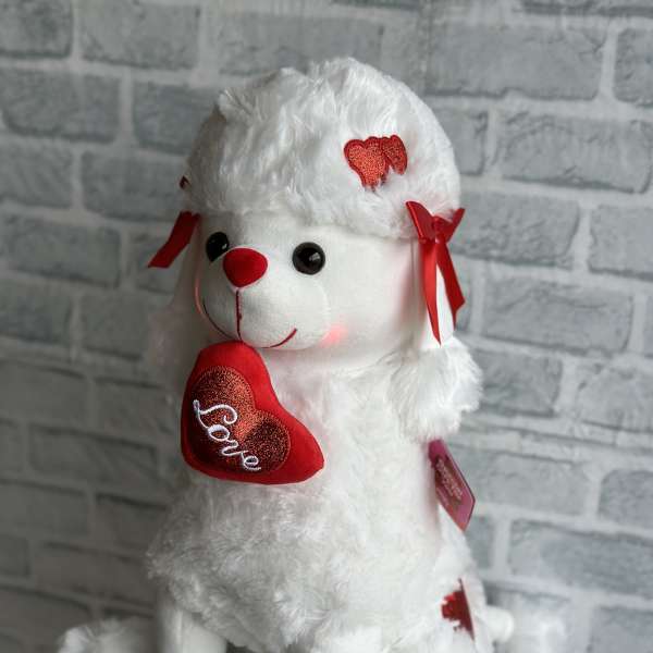 White plush teddy bear holding a red heart with ribbons
