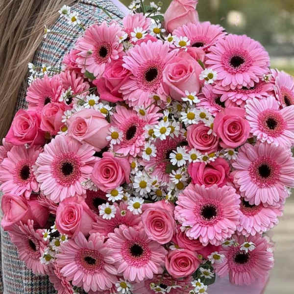 Pink gerbera daisies and roses in a hand-held bouquet