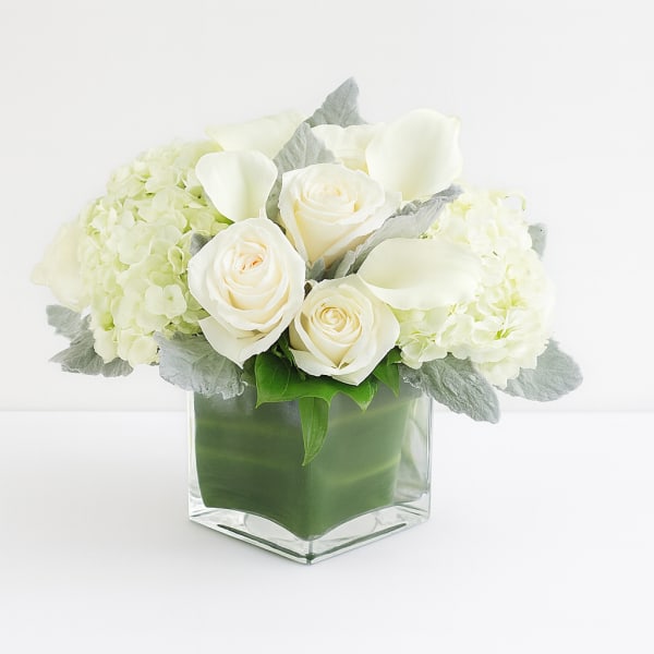 White roses and pale hydrangeas in a clear square vase