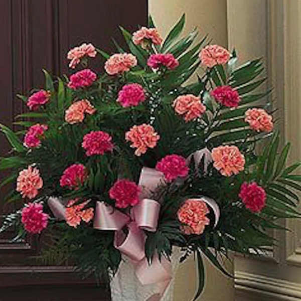 Tall arrangement of pink and dark pink carnations with ribbons in a white urn