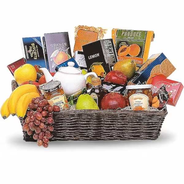 Fruit and snack gift basket in a wicker tray