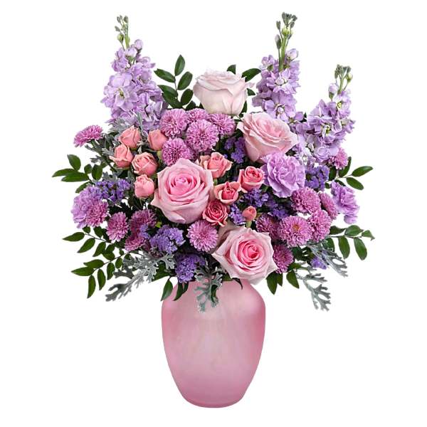 Pink and lavender flower arrangement in a pink vase