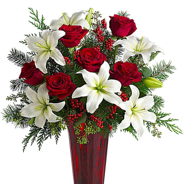 Red roses and white lilies in a tall red vase