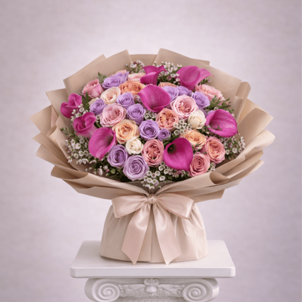Bouquet of pink, lavender, and peach roses with magenta calla lilies