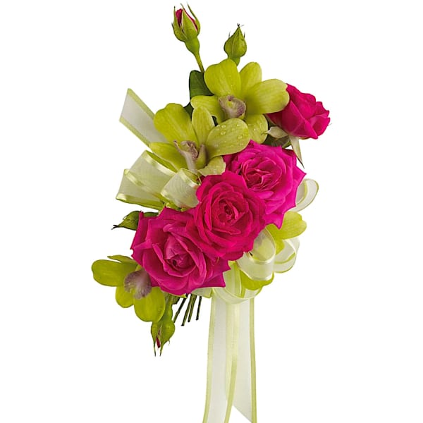 Pink roses and green orchids tied with a pale ribbon