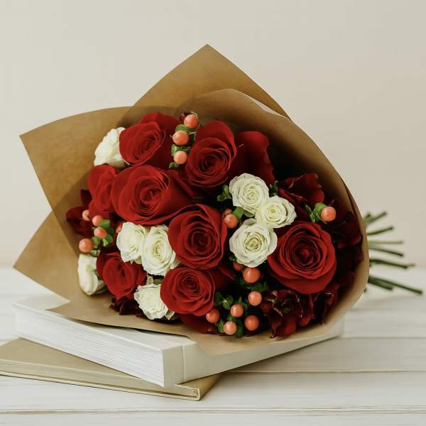 Bouquet of red and white roses wrapped in brown paper