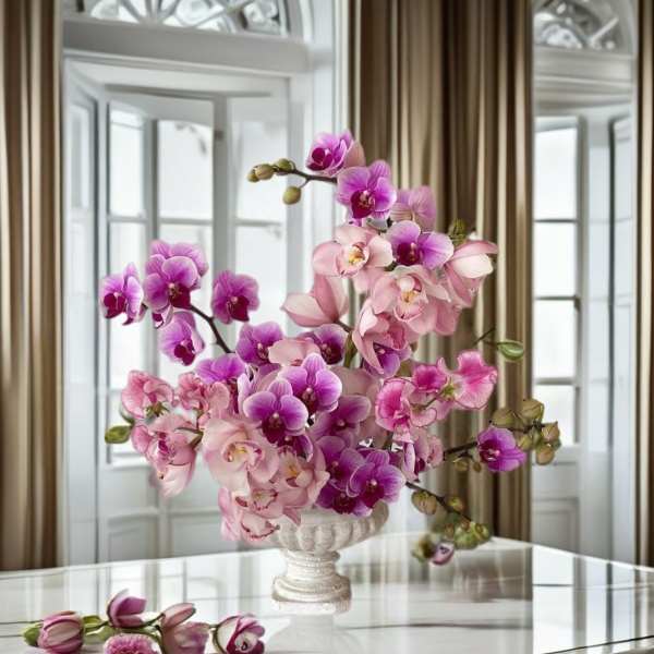 Pink and purple orchid arrangement in a white pedestal vase