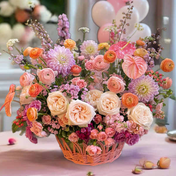 Pastel flower arrangement in a wicker basket with pink balloons behind it
