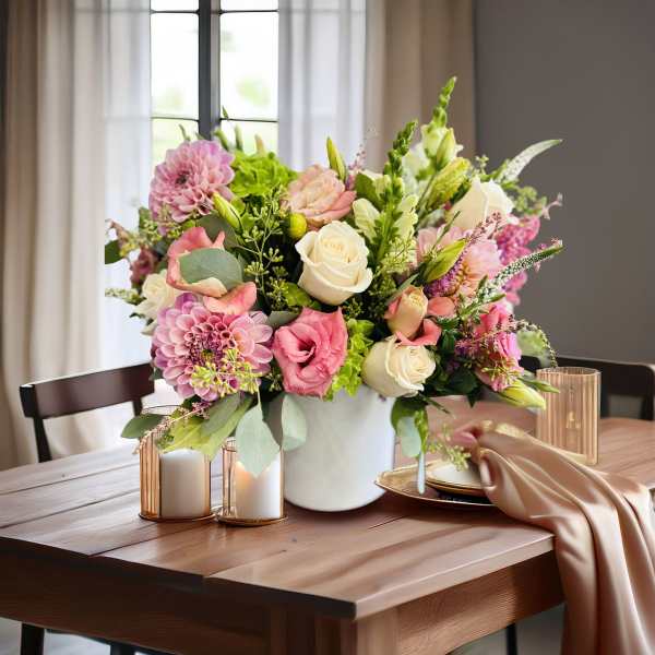 Pink and white flower arrangement in a white vase on a table