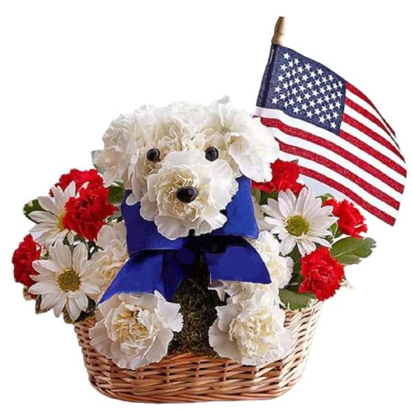 Flower basket with a white dog figure and an American flag
