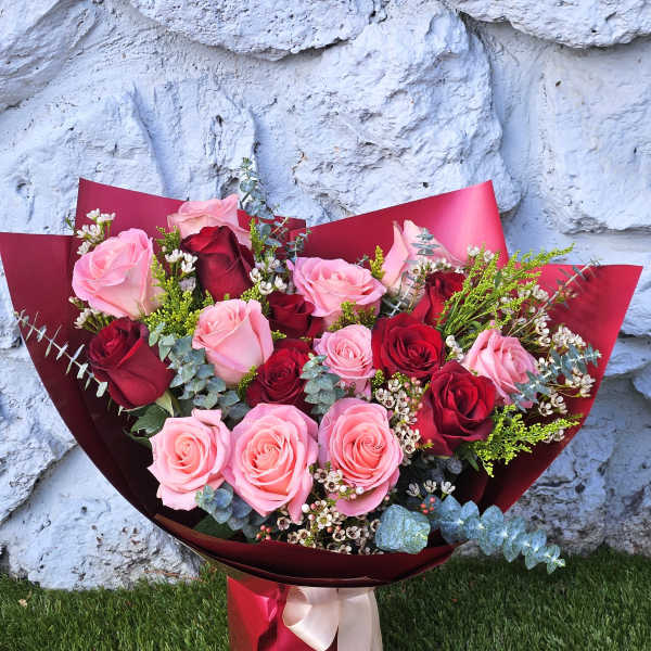 Bouquet of pink and red roses wrapped in burgundy paper