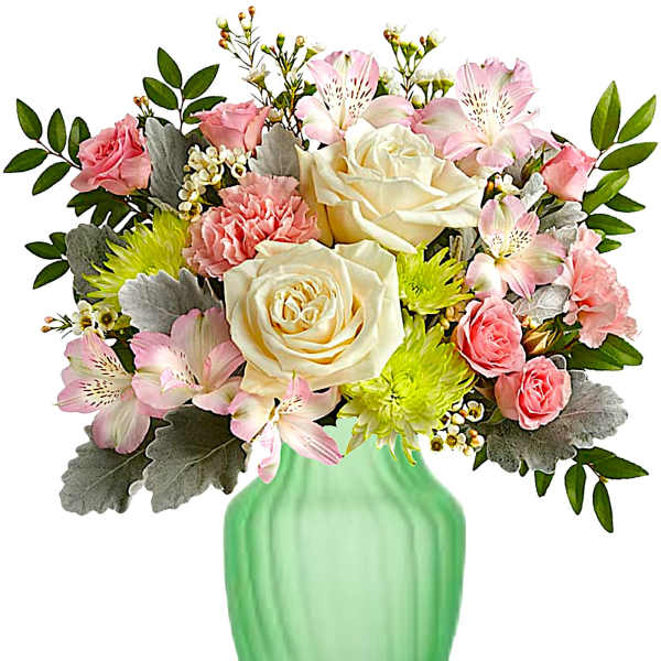 Pink and white flower bouquet in a green vase