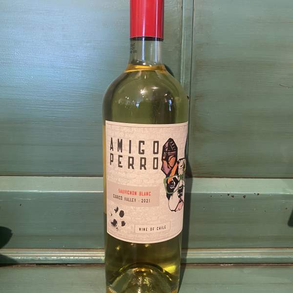 Bottle of white wine with a red cap and label