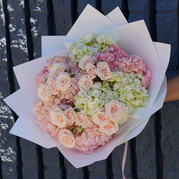 Bouquet of pale pink roses and hydrangeas wrapped in white paper