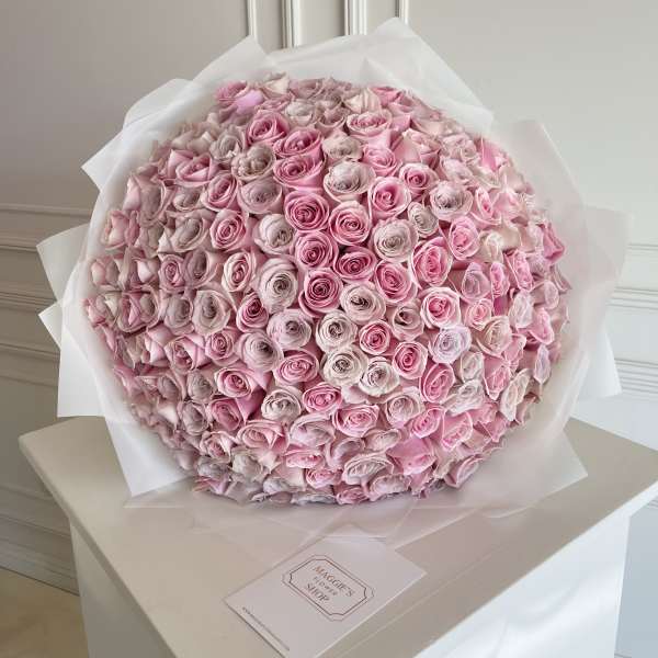 Large bouquet of pink roses wrapped in white paper