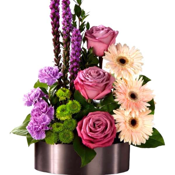 Pink roses and gerbera daisies in a metallic container
