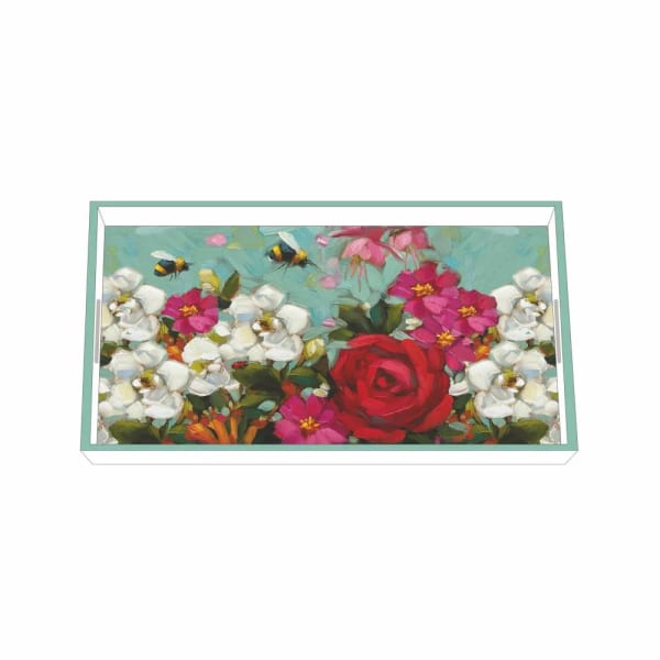 Rectangular serving tray featuring colorful painted flowers and bees on a teal background