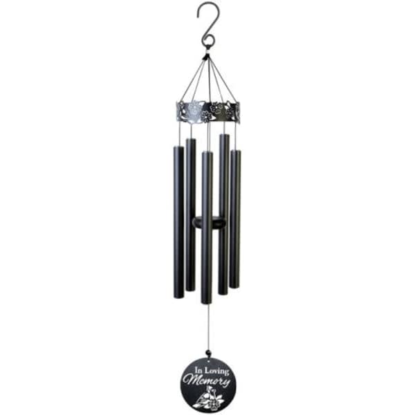 Black memorial wind chime with an "In Loving Memory" tag