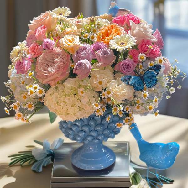 Pastel bouquet of roses, hydrangeas, and daisies in a blue vase with bird accents