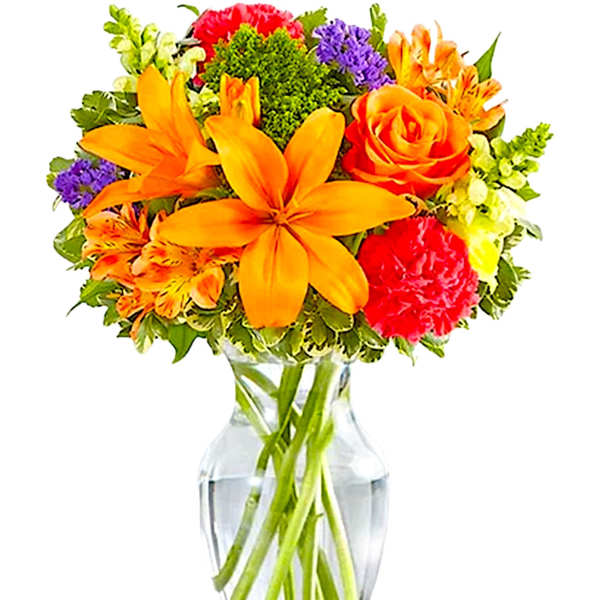 Bright mixed bouquet of orange, red, purple, and yellow flowers in a glass vase