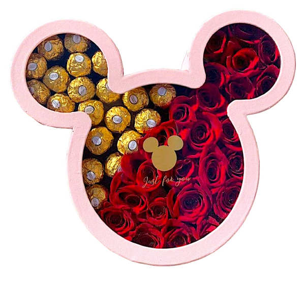 Mickey-shaped box filled with red roses and gold-wrapped chocolates