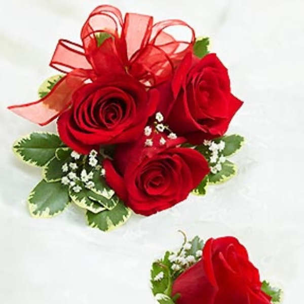 Combo red rose corsage and Boutineer