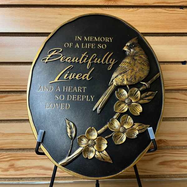 "Beautifully Lived" Golden Cardinal Stone with Easel