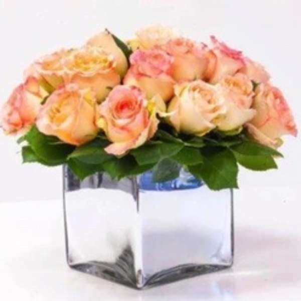 Peach and cream roses in a clear square vase