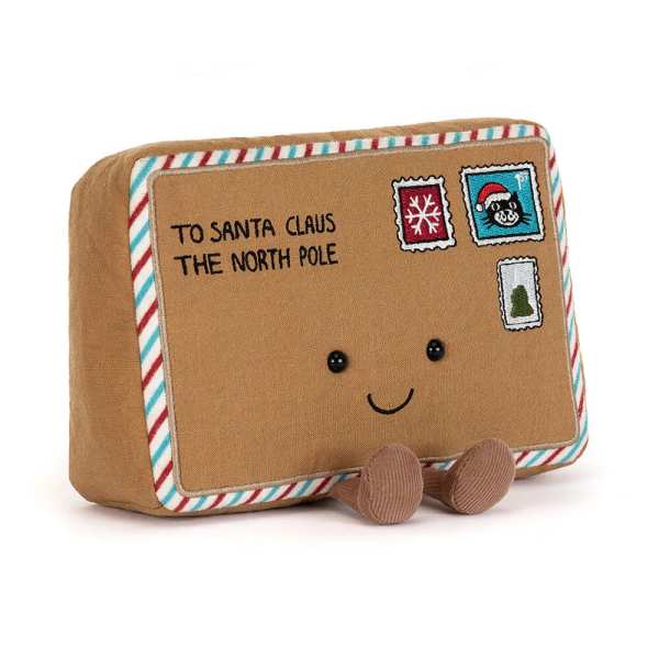 Plush mailbox-shaped holiday decoration with a smiling face and Santa mail text