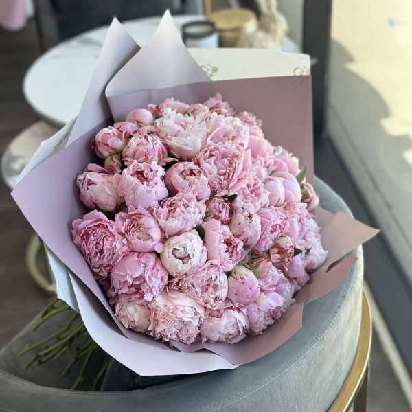 Bouquet of pink peonies wrapped in pale paper