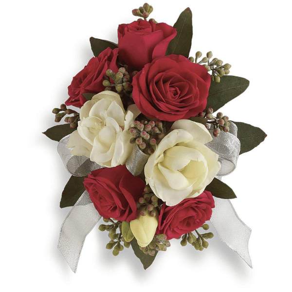 Red and white rose bouquet with silver ribbon