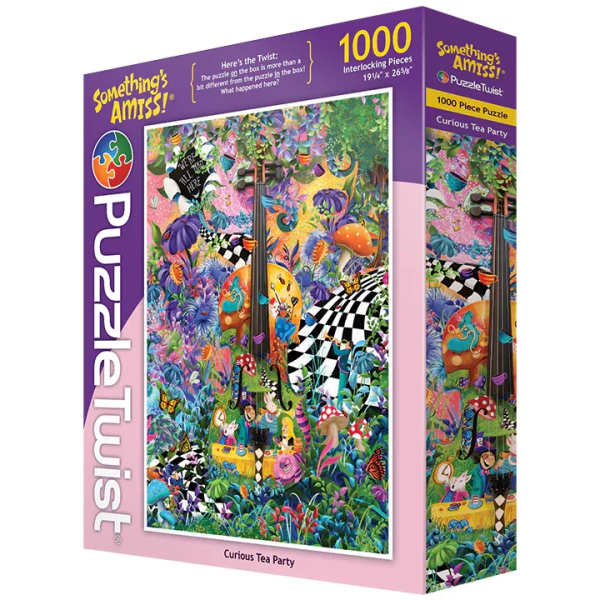 Purple puzzle box with a colorful fantasy tea party scene