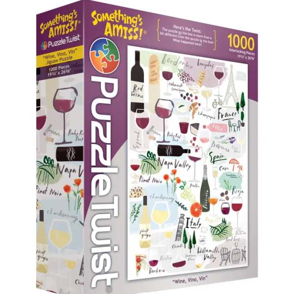 Puzzle box with wine glasses, bottles, and travel-themed illustrations